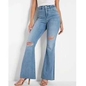 EXPRESS Flare High Rise Jeans Light Wash Ripped Fraying Raw Hem High Waisted Y2K